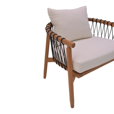 Πολυθρόνα Haribo pakoworld φυσικό teak ξύλο-μαύρο σχοινί-λευκο μαξιλάρι 80x76x72εκ