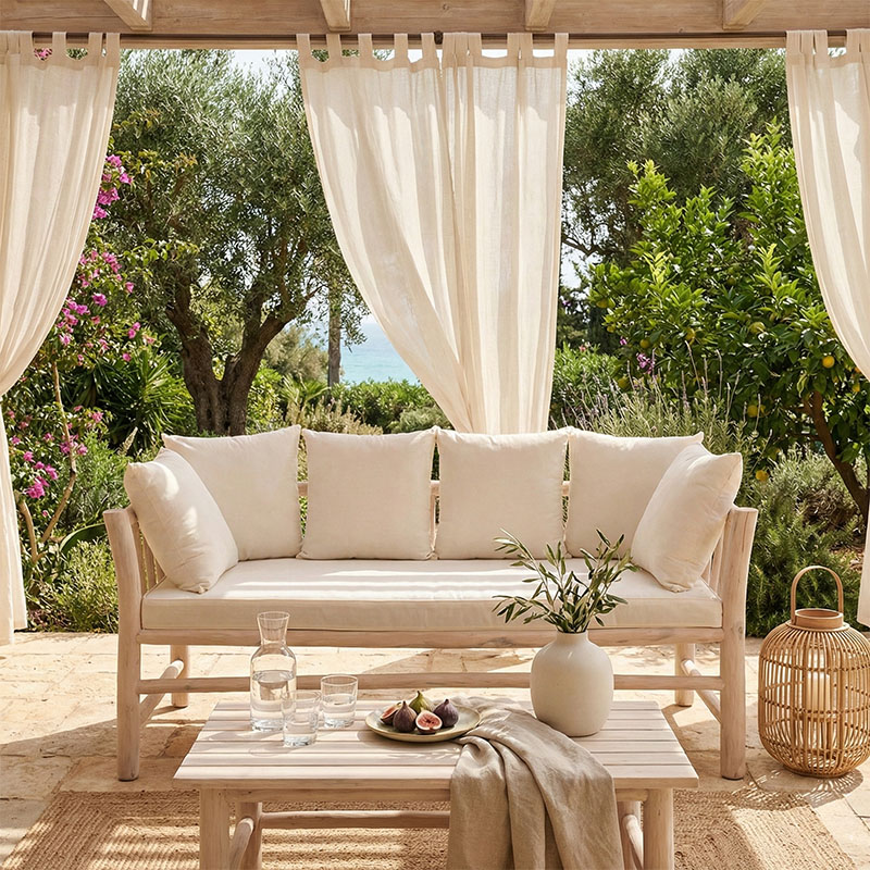 Καναπές διθέσιος Dranjere pakoworld teak ξύλο σε φυσική απόχρωση με μπεζ ύφασμα 167x80x71εκ