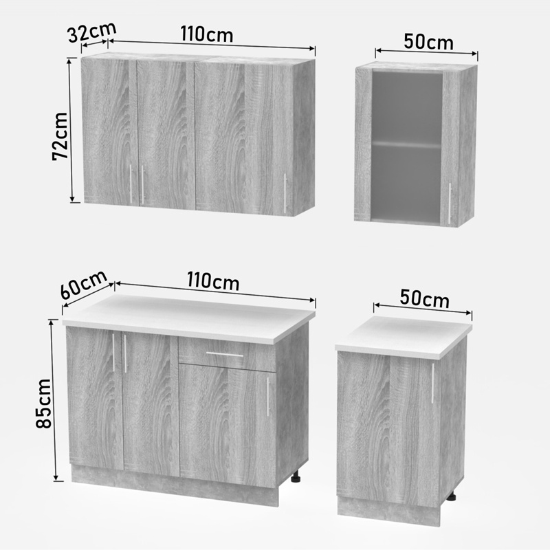 Σύνθεση κουζίνας Festa IV pakoworld μελαμίνη σε sonoma απόχρωση και πάγκο σε ανοιχτό γκρι 160x60x85εκ