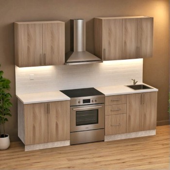 Σύνθεση κουζίνας Festa V pakoworld μελαμίνη σε sonoma απόχρωση και πάγκο σε ανοιχτό γκρι 180x60x85εκ