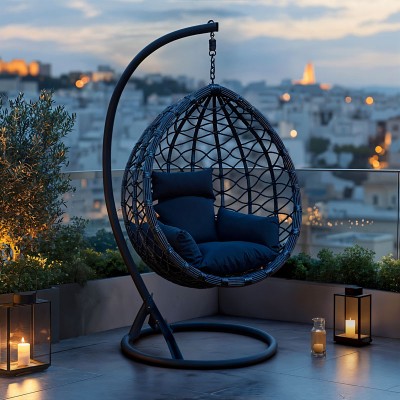 Κούνια φωλιά με βάση Lyere pakoworld μέταλλο ανθρακί pe rattan σε γκρι απόχρωση 120x108x195εκ