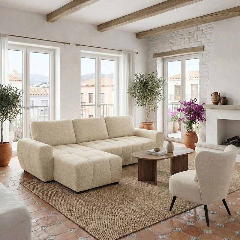 Γωνιακός αναστρέψιμος καναπές-κρεβάτι Vivad pakoworld ύφασμα σε μπεζ απόχρωση 275x164x91εκ