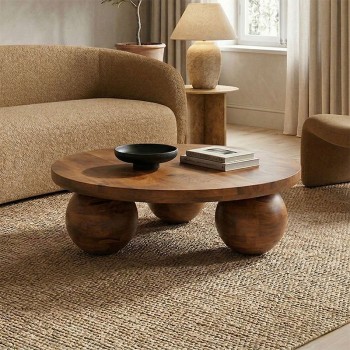 Τραπέζι σαλονιού Fedena pakoworld μασίφ μάνγκο ξύλο καρυδί Φ90x30εκ