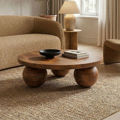 Τραπέζι σαλονιού Fedena pakoworld μασίφ μάνγκο ξύλο καρυδί Φ90x30εκ