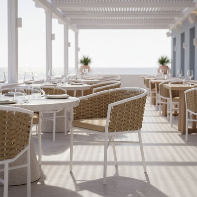 Πολυθρόνα Noevo pakoworld αλουμίνιο με λευκό σκελετό-φυσικό σχοινί 57x62x76εκ