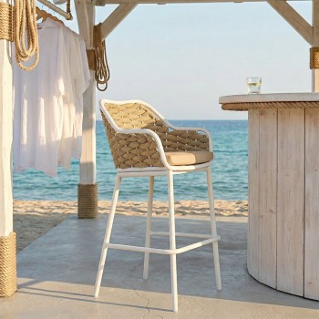 Σκαμπό μπαρ Zuki pakoworld αλουμίνιο με λευκό σκελετό-φυσικό σχοινί 55x54x109εκ