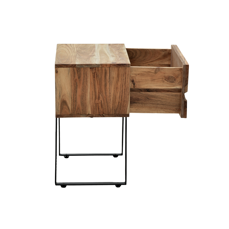 Κομοδίνο Imena pakoworld μασίφ ξύλο Acacia σε φυσικό απόχρωση με μαύρα μεταλλικά πόδια 45x35x56εκ