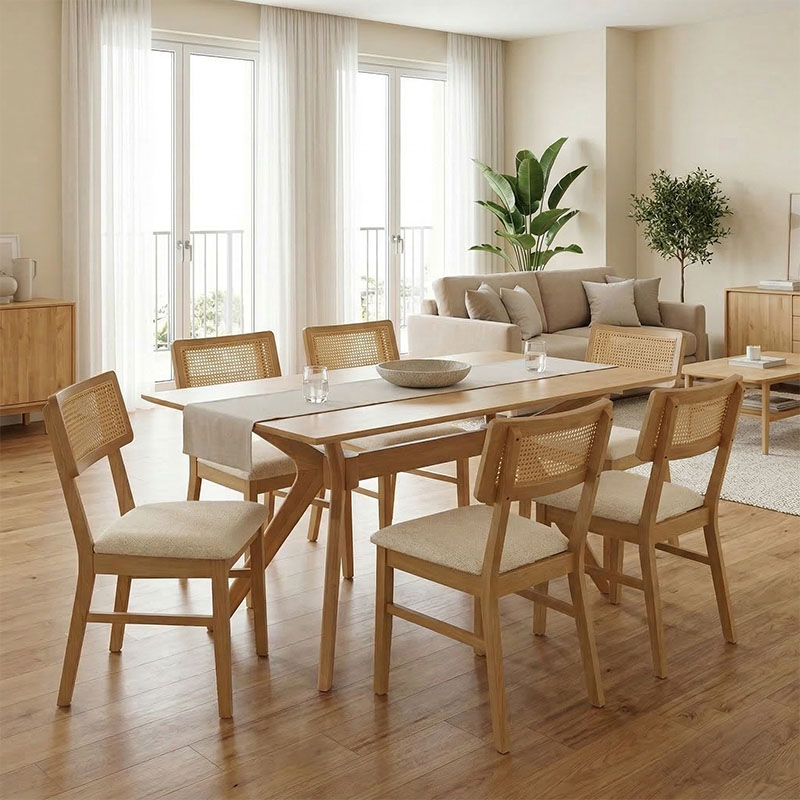 Τραπεζαρία Raffles pakoworld σετ 7τεμ rubberwood με pe rattanσε φυσική απόχρωση 150x90x76εκ