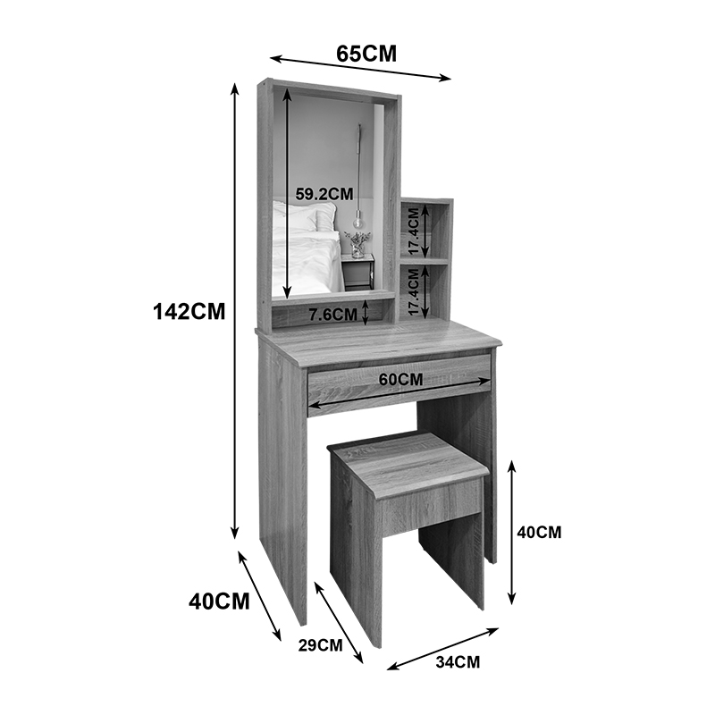 Τουαλέτα κρεβατοκάμαρας Larnia pakoworld με καθρέπτη και σκαμπό sonoma 65x40x142εκ