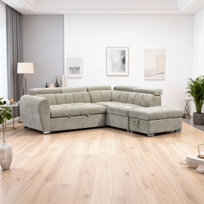 Γωνιακός καναπές-κρεβάτι αριστερή γωνία Nuvora pakoworld με αποθηκευτικό χώρο μπεζ ύφασμα 244x225x79εκ