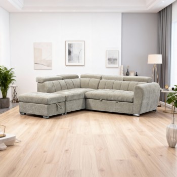 Γωνιακός καναπές-κρεβάτι δεξιά γωνία Nuvora pakoworld με αποθηκευτικό χώρο μπεζ ύφασμα 244x225x79εκ