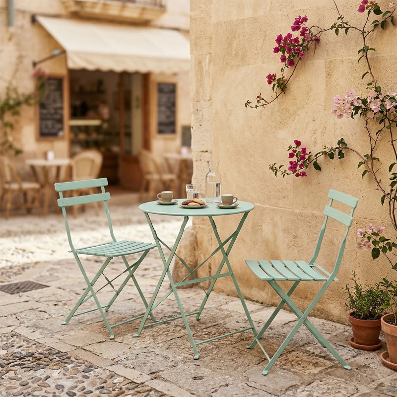 Τραπεζαρία Bistro pakoworld σετ 3τεμ μεταλλική αναδιπλούμενη σε μέντα απόχρωση Φ60x71εκ