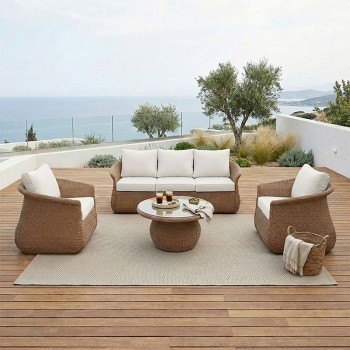 Σαλόνι κήπου Tropicana pakoworld 4τεμ pe rattan σε καφέ απόχρωση - ύφασμα μπεζ