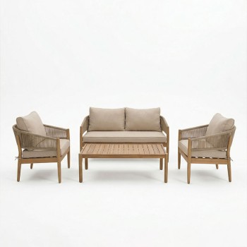 Σαλόνι εξωτερικού χώρου Lemanda pakoworld μασίφ ξύλο ακακίας με σχοινί και μπεζ μαξιλάρια