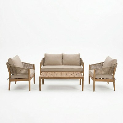 Σαλόνι εξωτερικού χώρου Lemanda pakoworld μασίφ ξύλο ακακίας με σχοινί και μπεζ μαξιλάρια