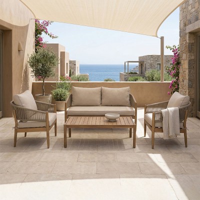 Σαλόνι εξωτερικού χώρου Lemanda pakoworld μασίφ ξύλο ακακίας με σχοινί και μπεζ μαξιλάρια