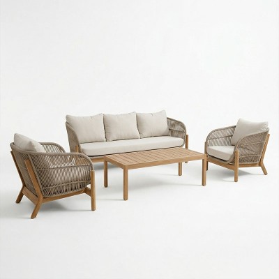 Σαλόνι εξωτερικού χώρου Verilan pakoworld μασίφ ξύλο ακακίας με σχοινί και μπεζ μαξιλάρια