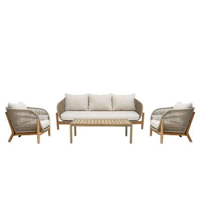 Σαλόνι εξωτερικού χώρου Verilan pakoworld μασίφ ξύλο ακακίας με σχοινί και μπεζ μαξιλάρια