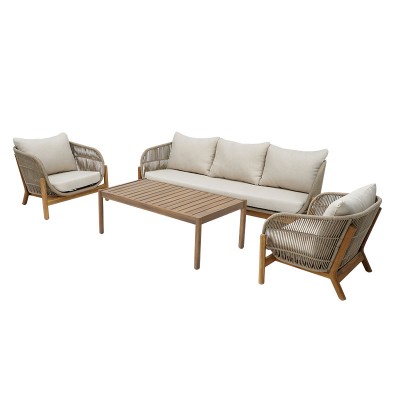 Σαλόνι εξωτερικού χώρου Verilan pakoworld μασίφ ξύλο ακακίας με σχοινί και μπεζ μαξιλάρια